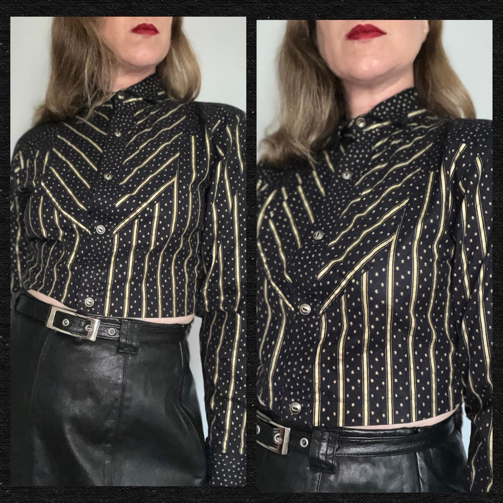 Vintage Banjo Western Navy & Gold Stars and Stripes Long Sleeve Hi Low Crop Top